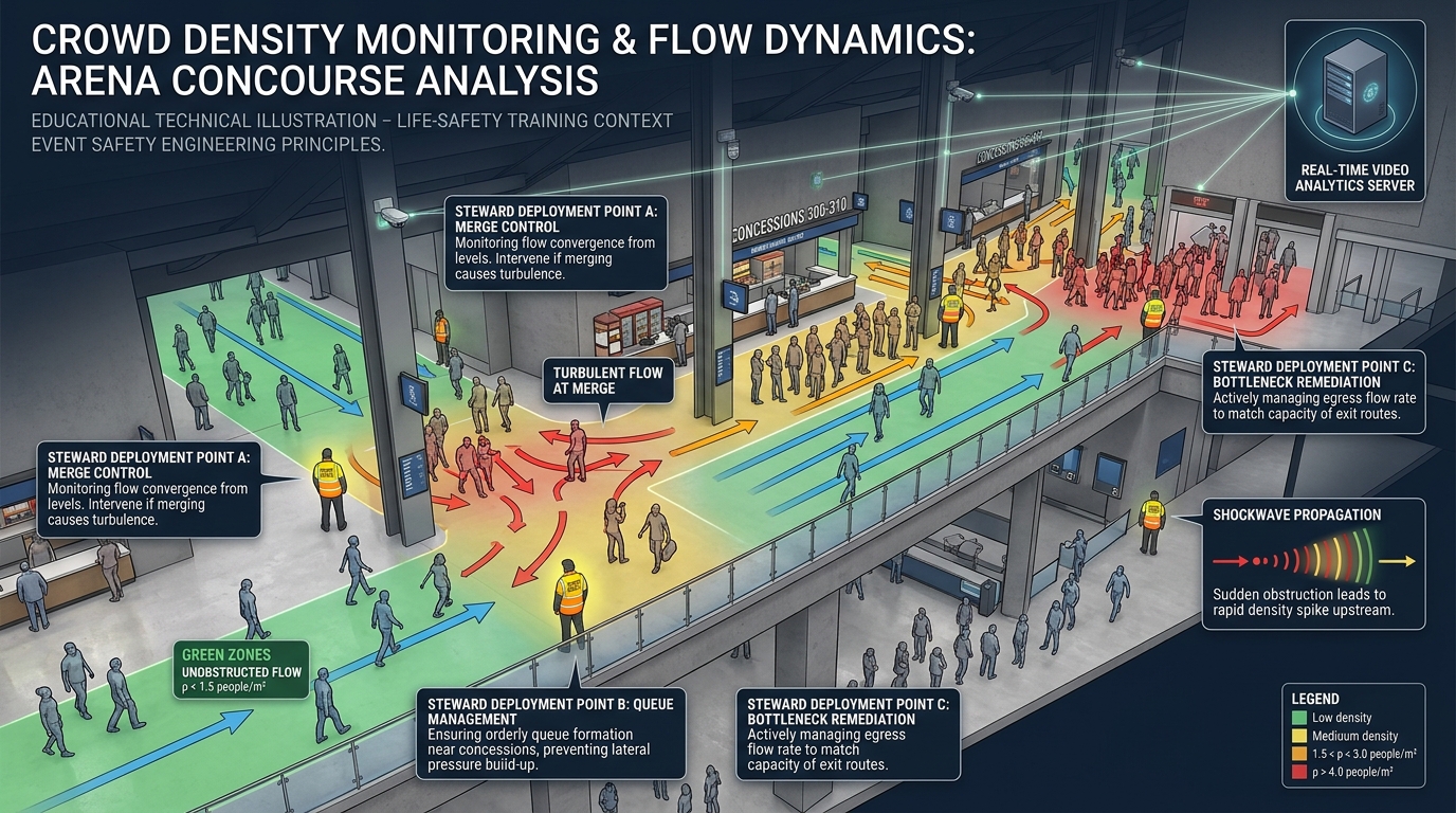 Educational technical schematic of arena concourse crowd density monitoring and flow dynamics