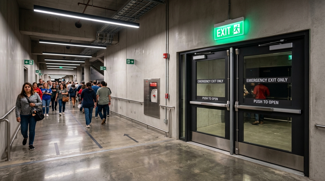 Modern illuminated venue emergency exit corridor with panic hardware doors