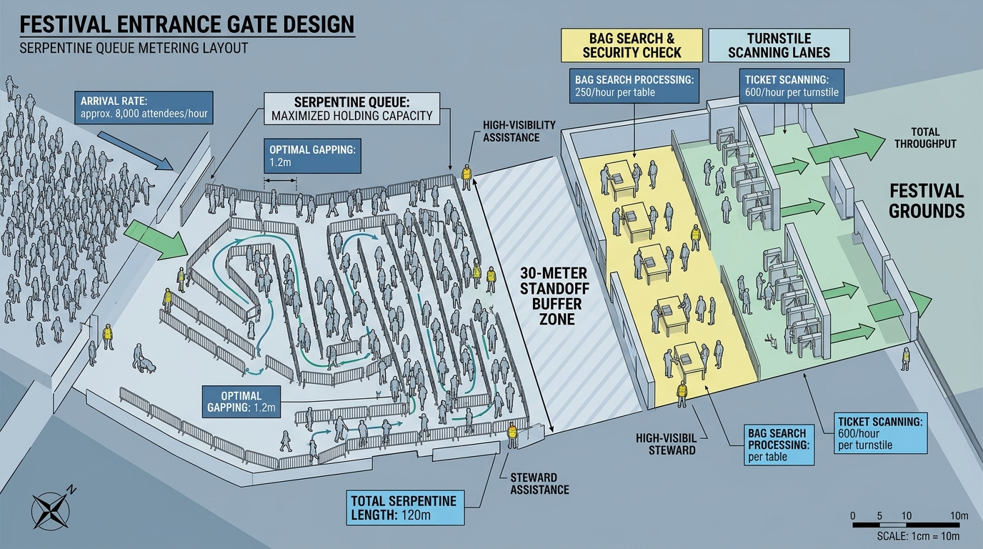 Top-down architectural diagram of festival entrance gate serpentine queue metering and throughput lanes