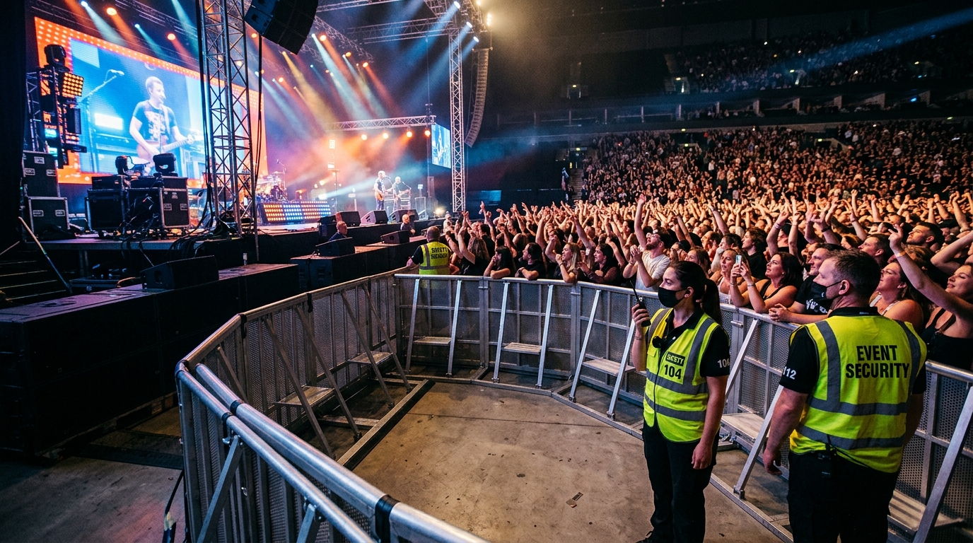 Curved front-of-stage barrier system and security pit stewards at a live concert