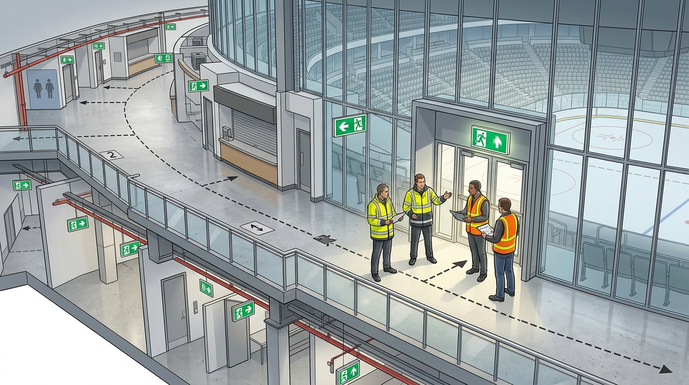 Trained venue crowd managers inspecting assembly concourse exit routes and emergency signage