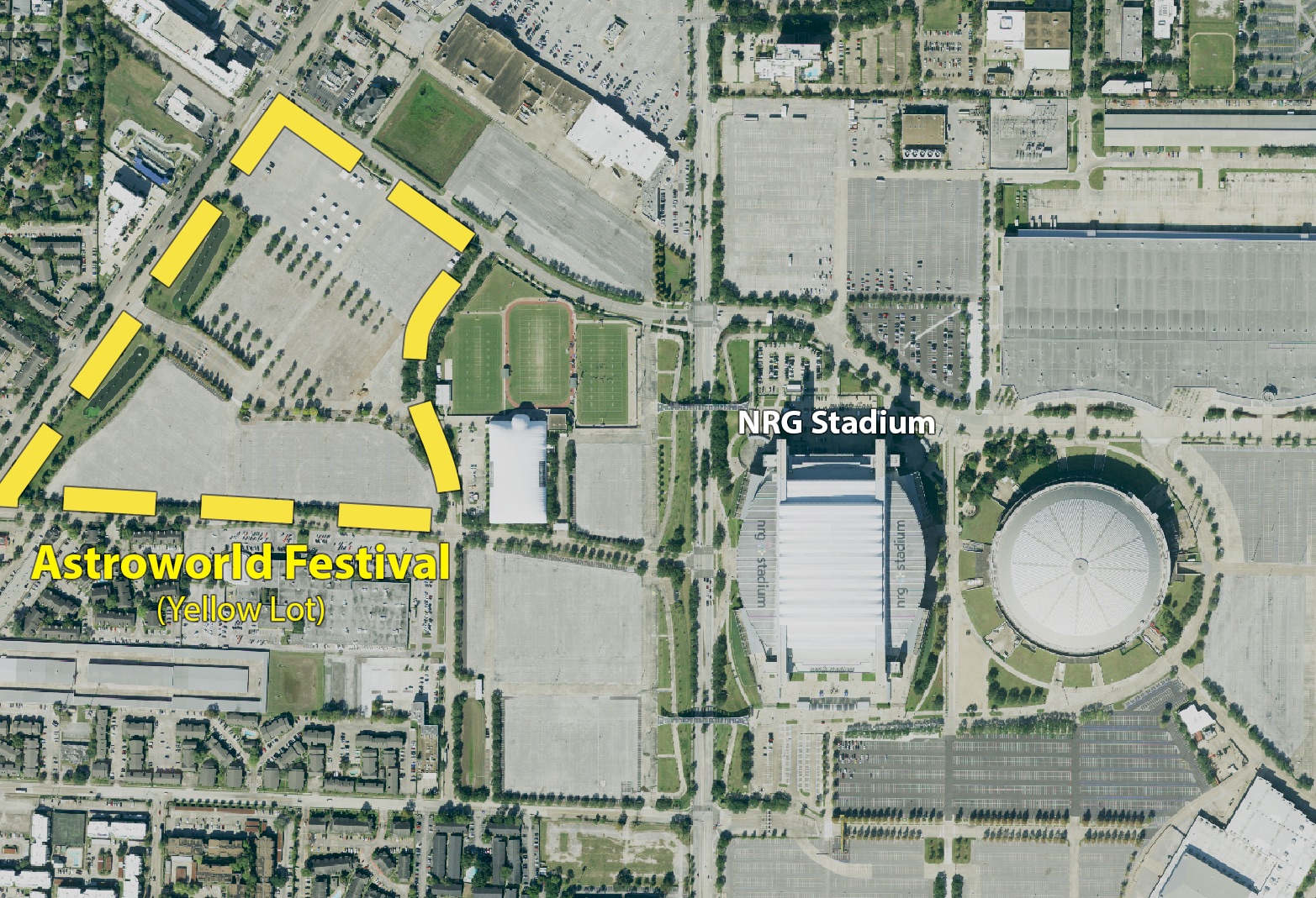 Aerial imagery of the Astroworld Festival site, Houston