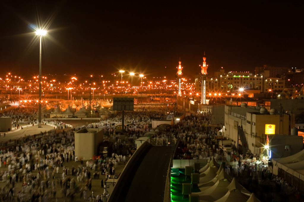 Crowds in Mina heading to the Jamarat Bridge during Hajj